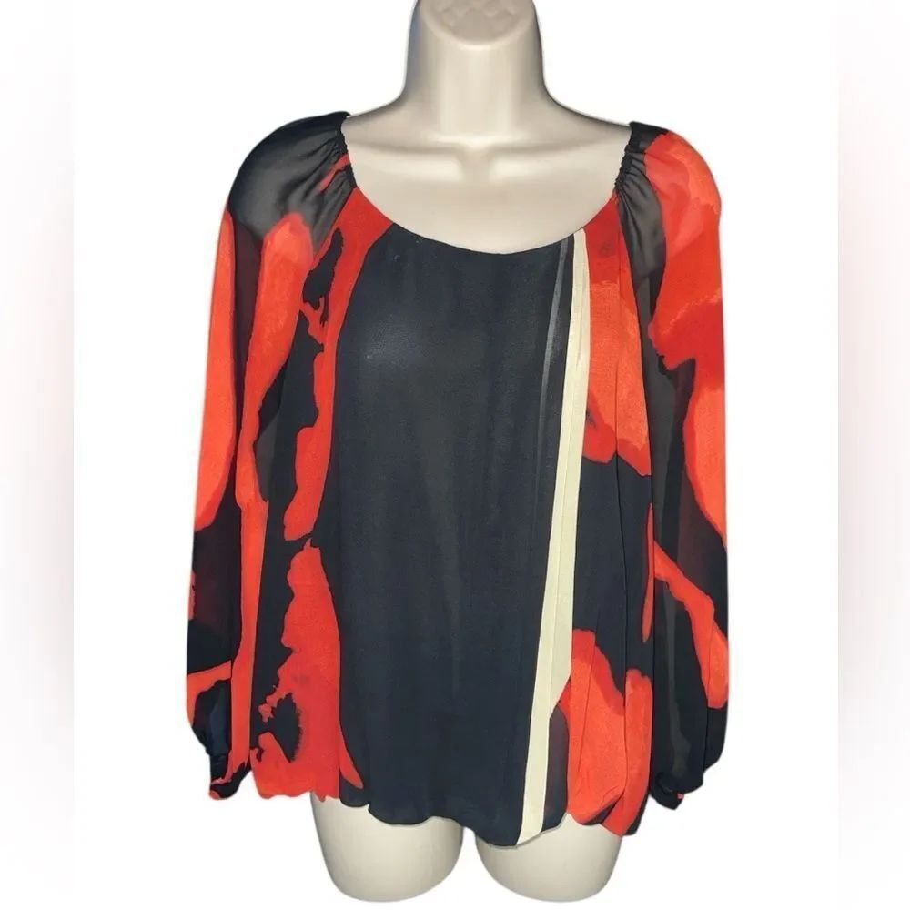Vince Camuto Vibrant Black and Orange Blouse Sheer Elastic cuffs Sleeve